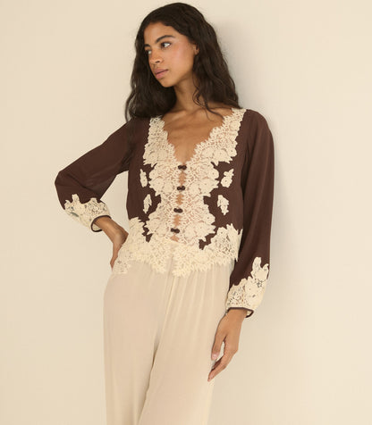 Clarimonde Silk Georgette Top in Chicory Bark