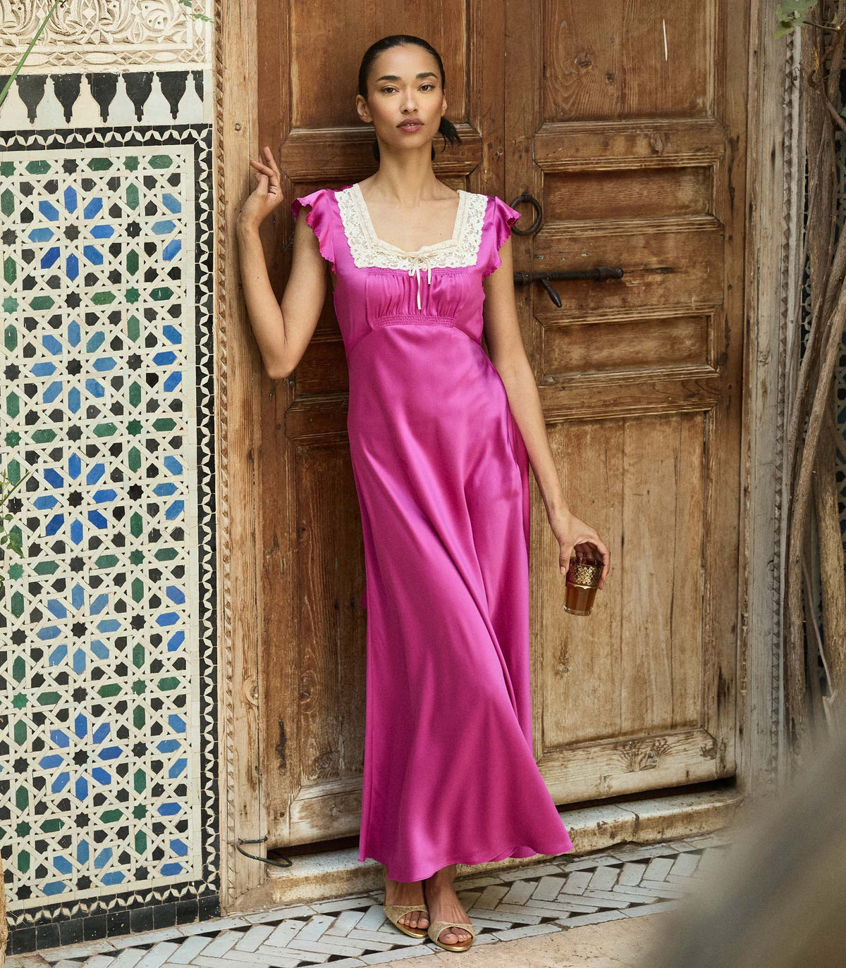 Corina Bias-Cut Silk Satin Dress in Magenta