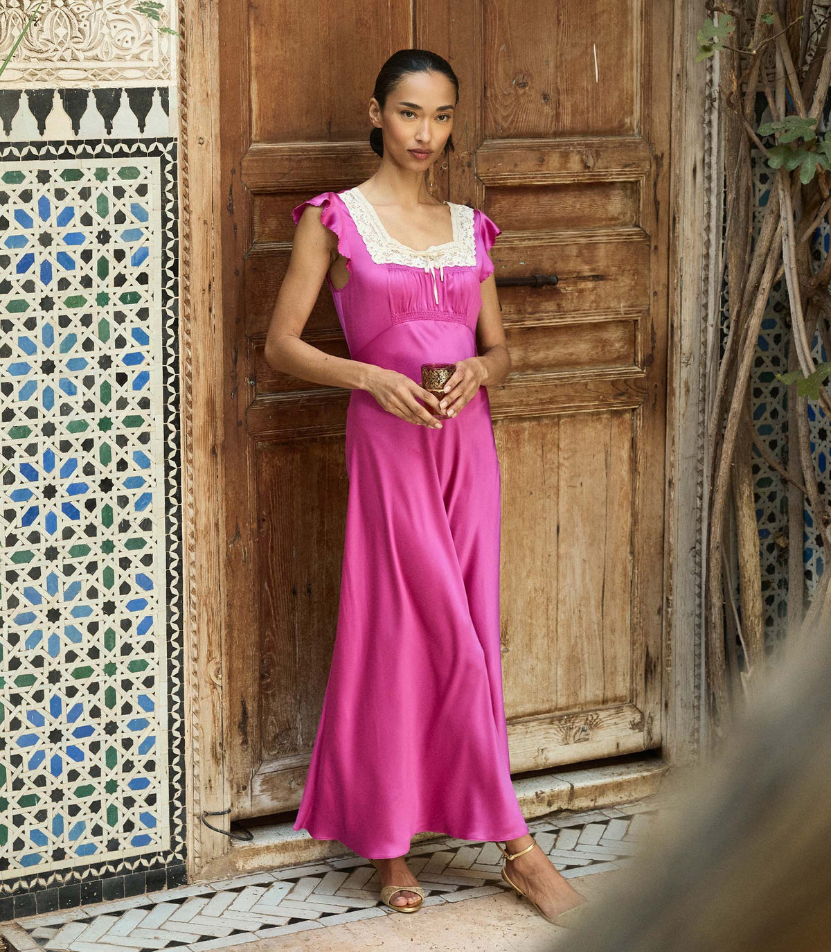 Corina Bias-Cut Silk Satin Dress in Magenta