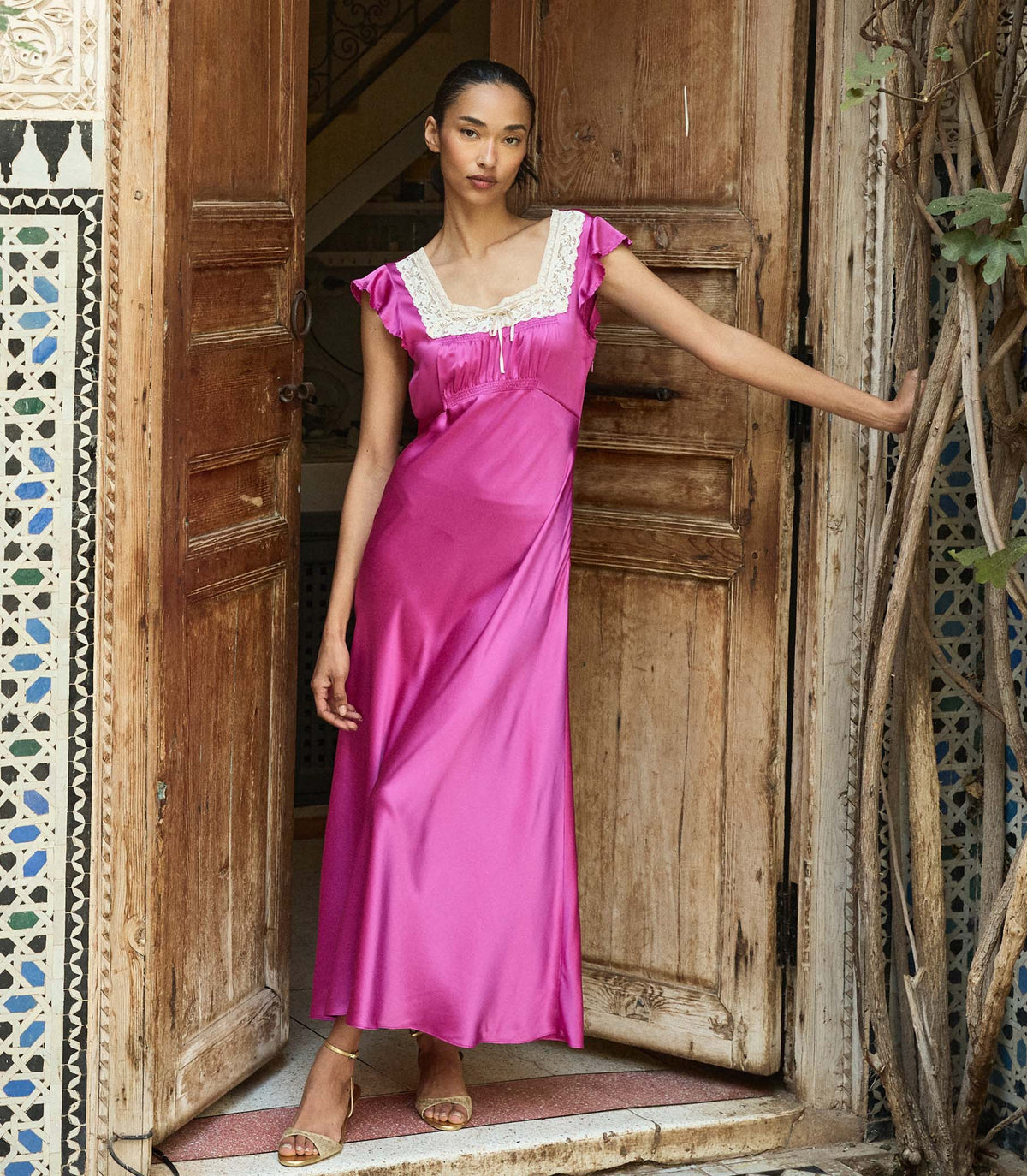 Corina Bias-Cut Silk Satin Dress in Magenta