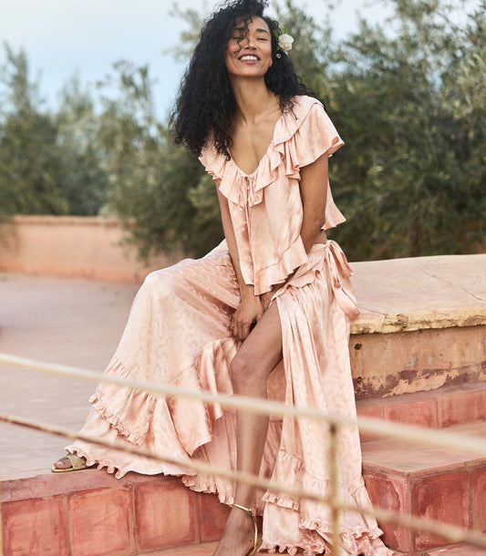 Floriette Top – Peach Sorbet Ruffle Jacquard