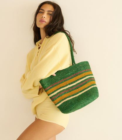 Harbour Tote | Green Striped Handwoven Raffia Bag