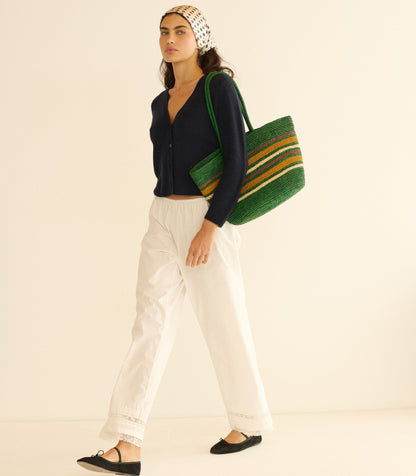 Harbour Tote | Green Striped Handwoven Raffia Bag