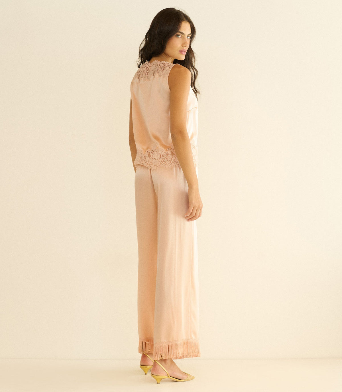 Viviane Top Peach Sorbet | Silk Satin Floral Lace Blouse