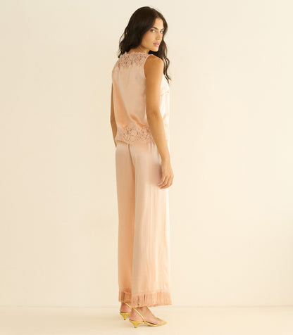 Viviane Top Peach Sorbet | Silk Satin Floral Lace Blouse