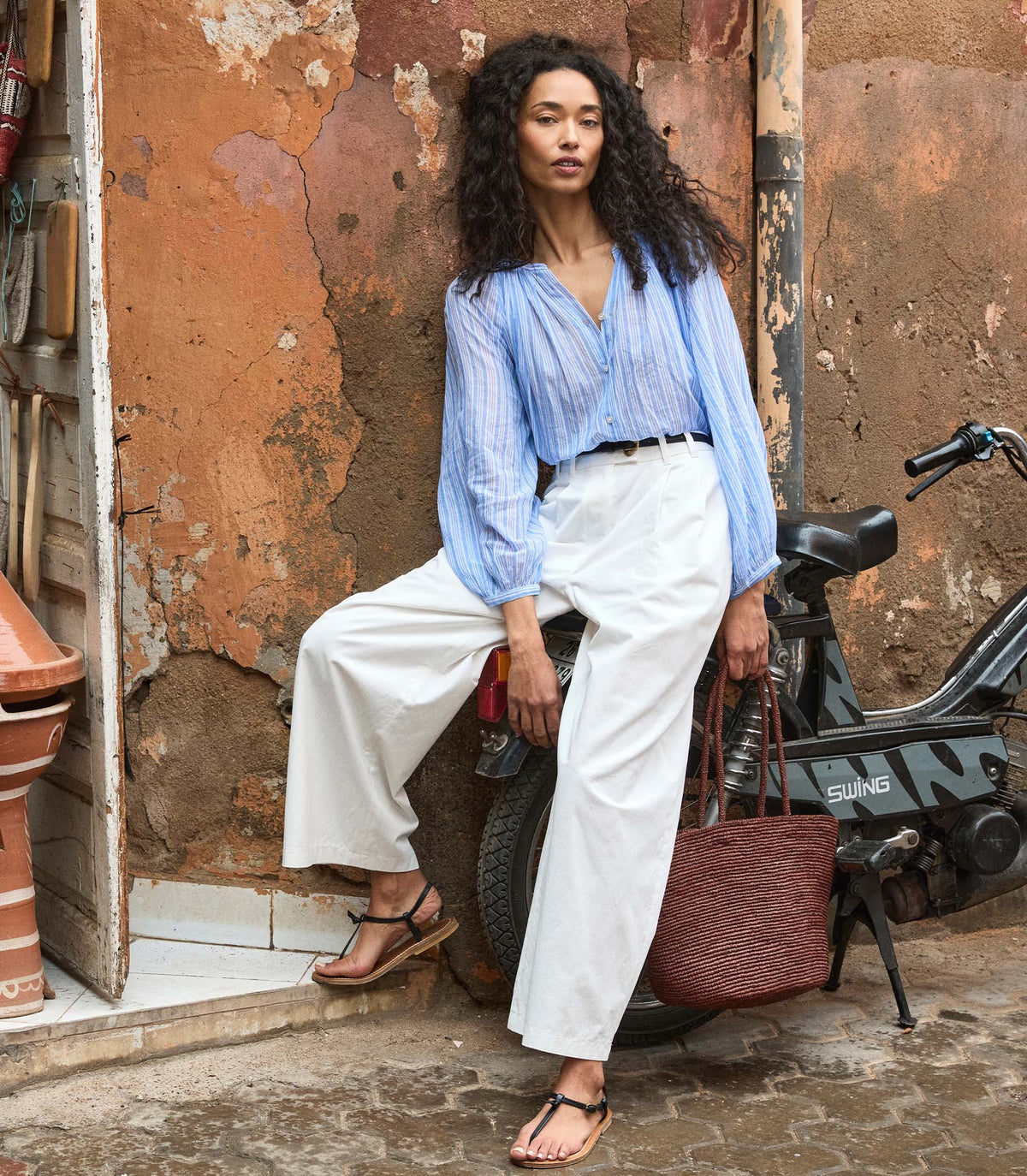 DÔEN Lisa High-Waist Wide-Leg Cotton Twill Pant – Salt