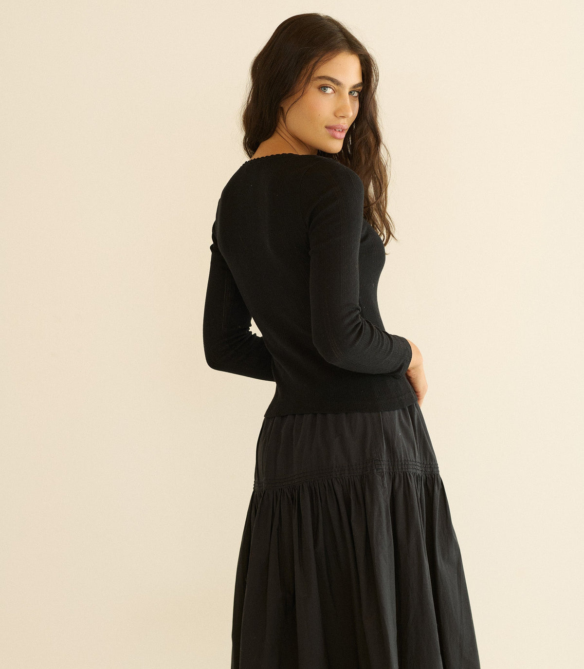 Lori Black Organic Cotton Pointelle Fitted Tee