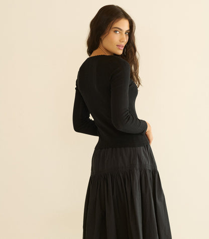 Lori Black Organic Cotton Pointelle Fitted Tee
