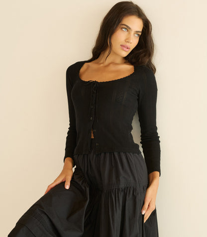 Lori Black Organic Cotton Pointelle Fitted Tee
