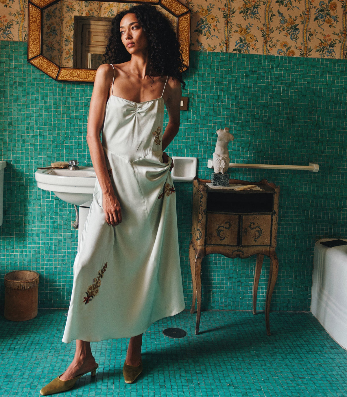 DÔEN Heirloom Lorraine Silk Satin Dress – Eucalyptus