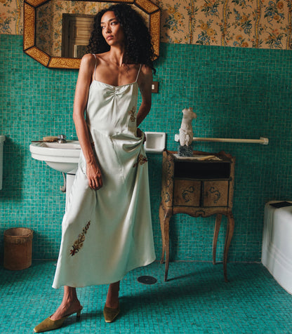 DÔEN Heirloom Lorraine Silk Satin Dress – Eucalyptus