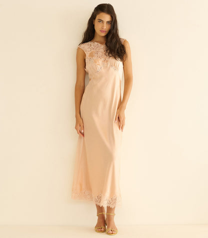 Marcelle Silk Satin Dress – Peach Sorbet | Floral Lace