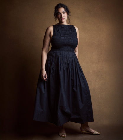 Melie Organic Cotton Poplin Dress – Black | Smocked Bodice