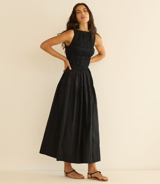 Melie Organic Cotton Poplin Dress – Black | Smocked Bodice