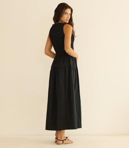 Melie Organic Cotton Poplin Dress – Black | Smocked Bodice