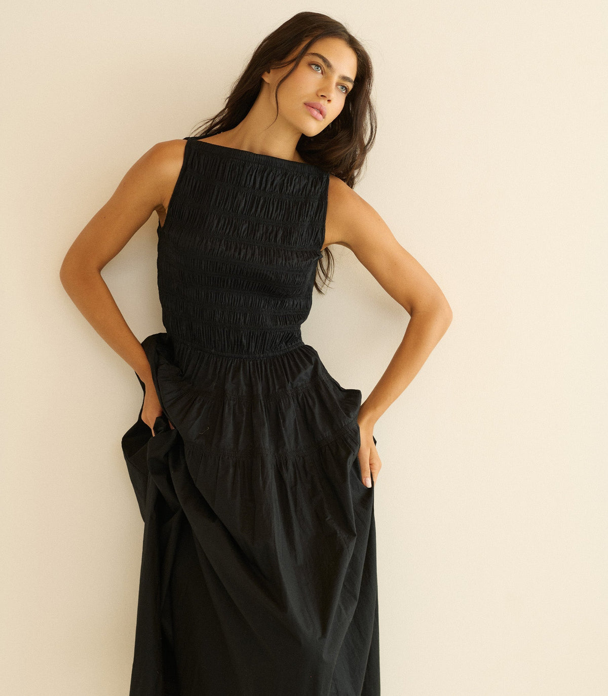 Melie Organic Cotton Poplin Dress – Black | Smocked Bodice