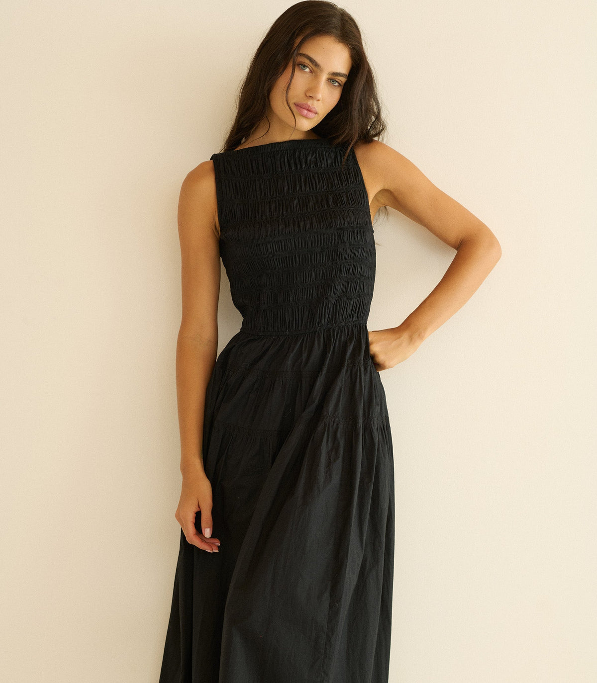 Melie Organic Cotton Poplin Dress – Black | Smocked Bodice