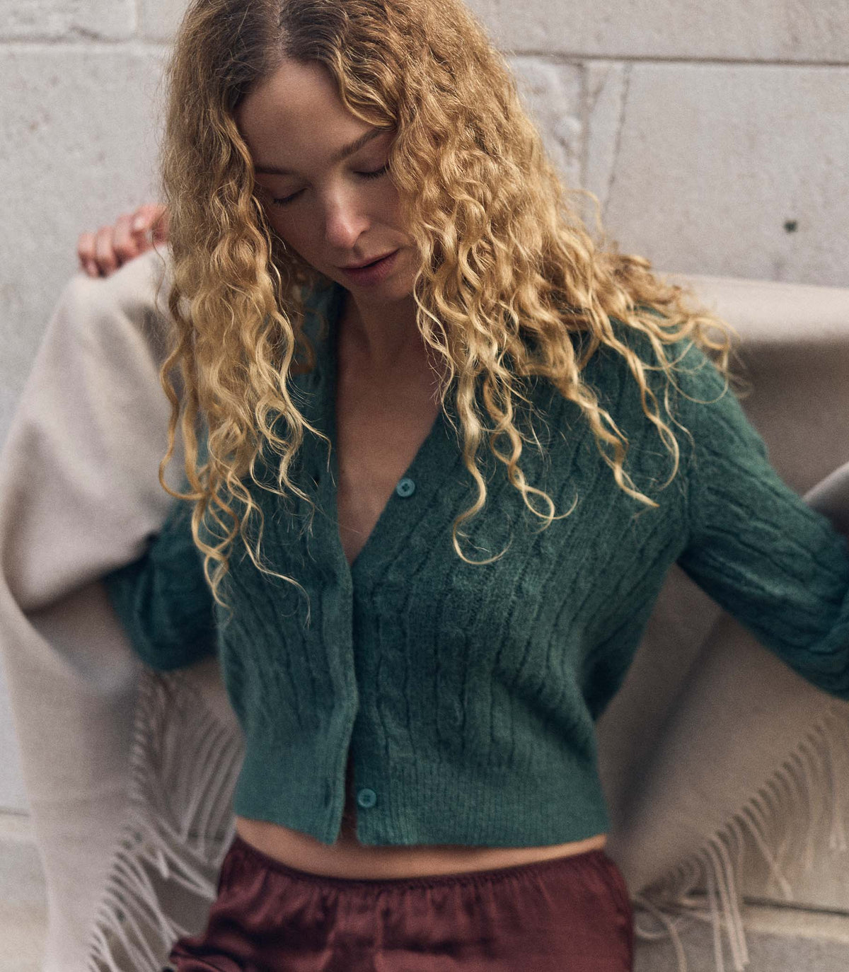 Penrose Alpaca Wool Cable Knit Cardigan in Spruce