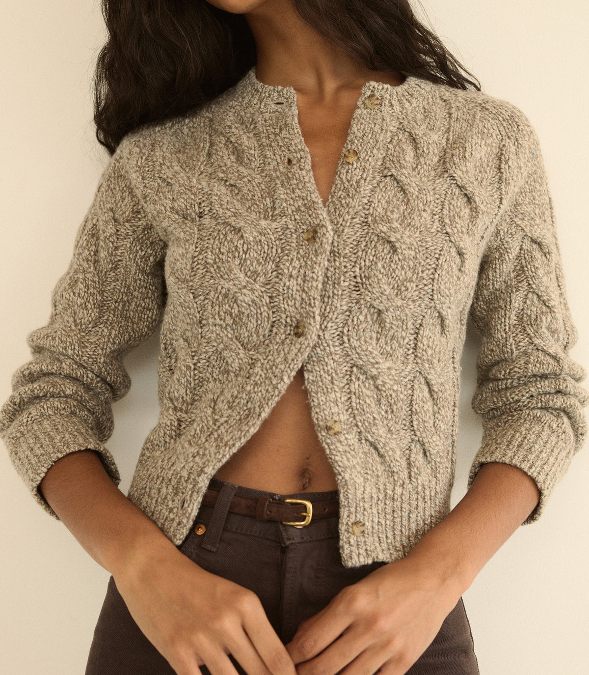 Penrose Cable Knit Wool Blend Cardigan in Gray Marl