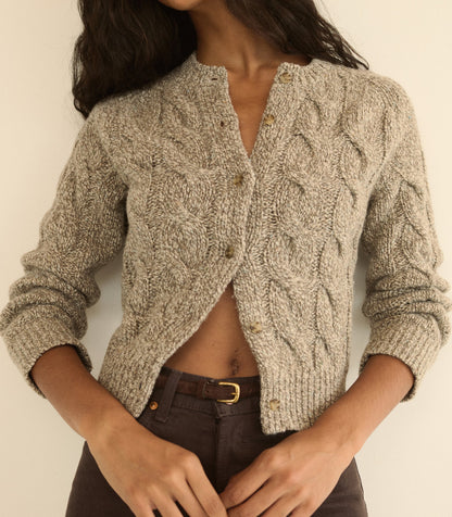Penrose Cable Knit Wool Blend Cardigan in Gray Marl