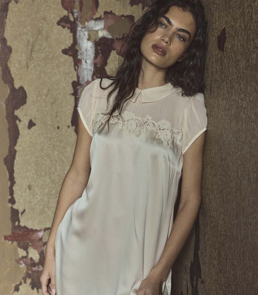 Perle Silk Satin Mini Shift Dress in Vanilla