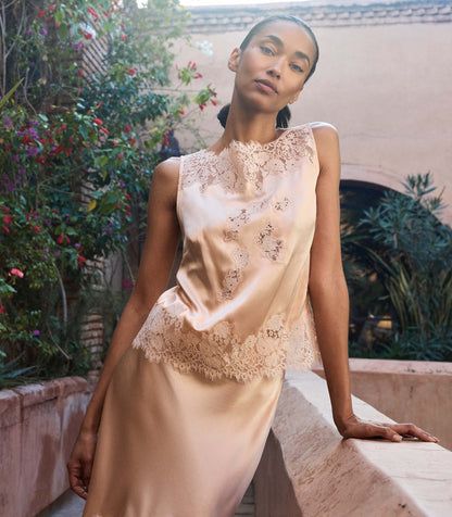 Viviane Top Peach Sorbet | Silk Satin Floral Lace Blouse