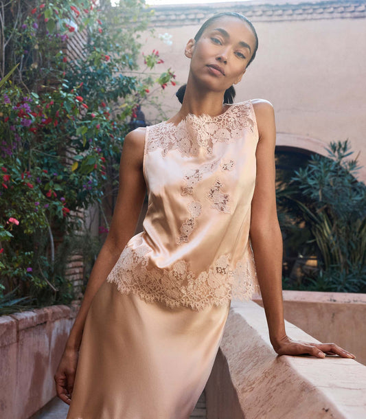 Viviane Top Peach Sorbet | Silk Satin Floral Lace Blouse