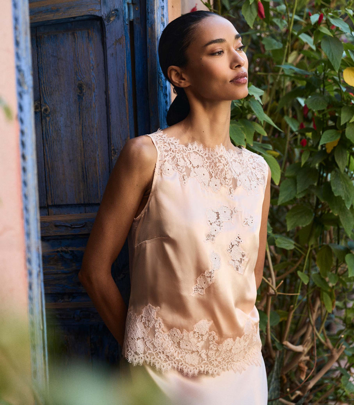 Viviane Top Peach Sorbet | Silk Satin Floral Lace Blouse