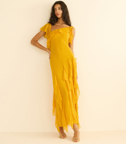 Zelia Silk Chiffon Asymmetric Maxi Dress – Sunflower